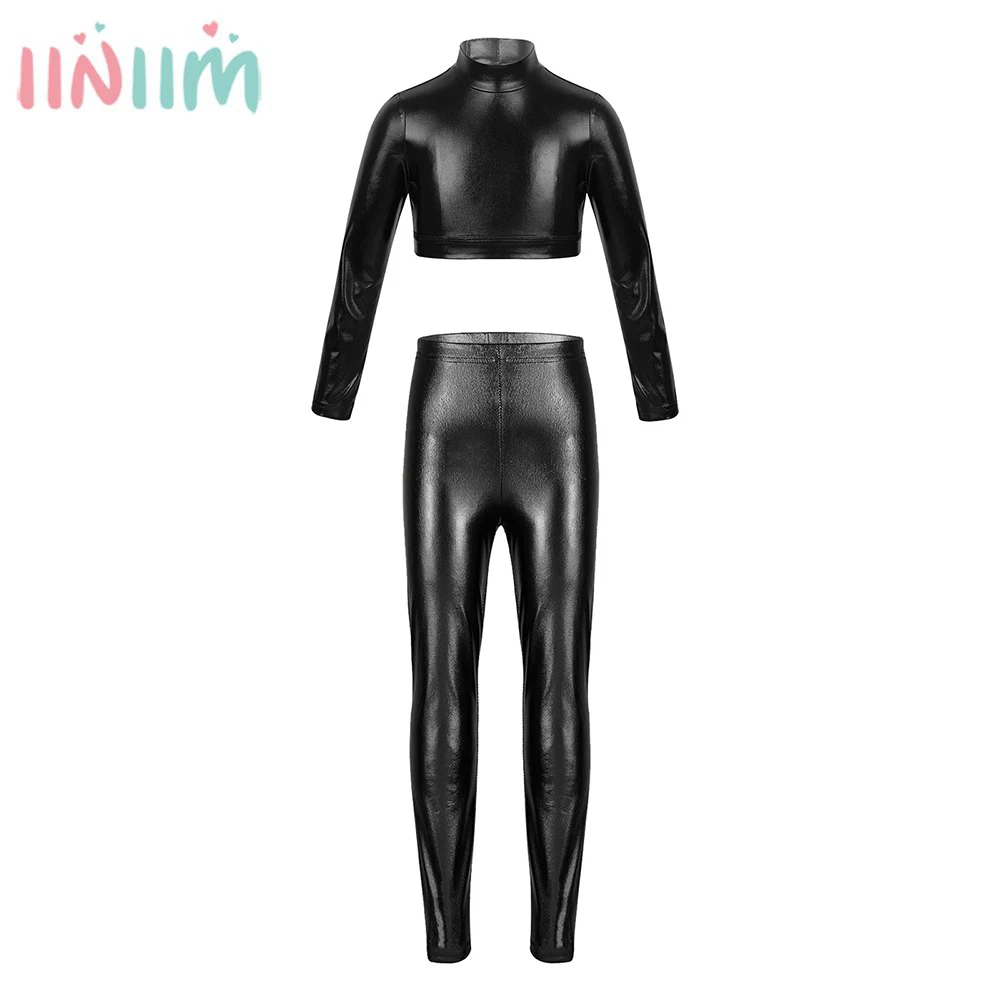 

Детская блестящая металлическая Одежда для танцев, гимнастические балетные костюмы для девочек, комплекты детской одежды, для выступления на сцене, топ + штаны, леггинсы