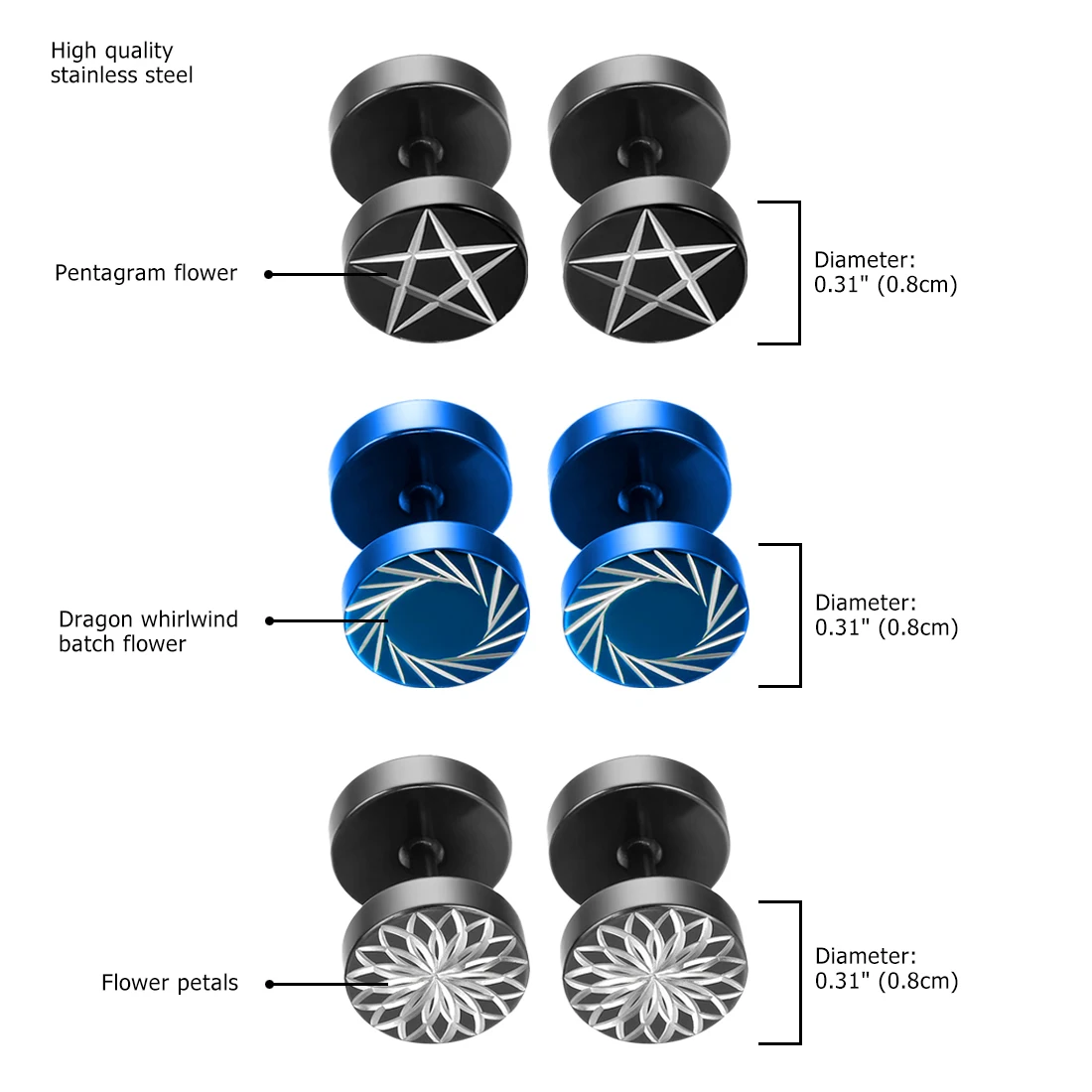 2 шт. серьги гвоздики из нержавеющей стали 8 мм|stud earrings|ear stud earringsearrings unisex |