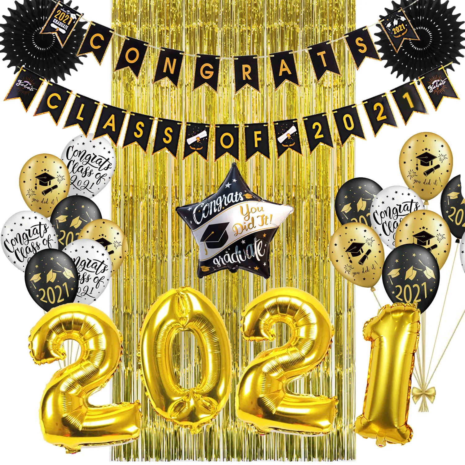 

Graduation 2021 Party Gold Decorations Set Backdrop Latex Balloons Fringe Tinsel Curtain Class Of 2021 Banner Paper Fan 8pcs/set