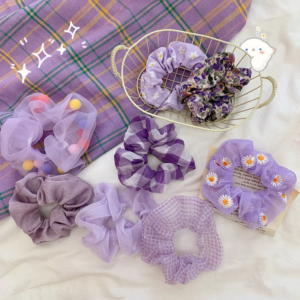 

1Pcs Vintage Scrunchie Purple Daisy Stretch Headband Women Elastic Hair Bands Rubber Hair Ties Girl's Lovely Hair Accessories