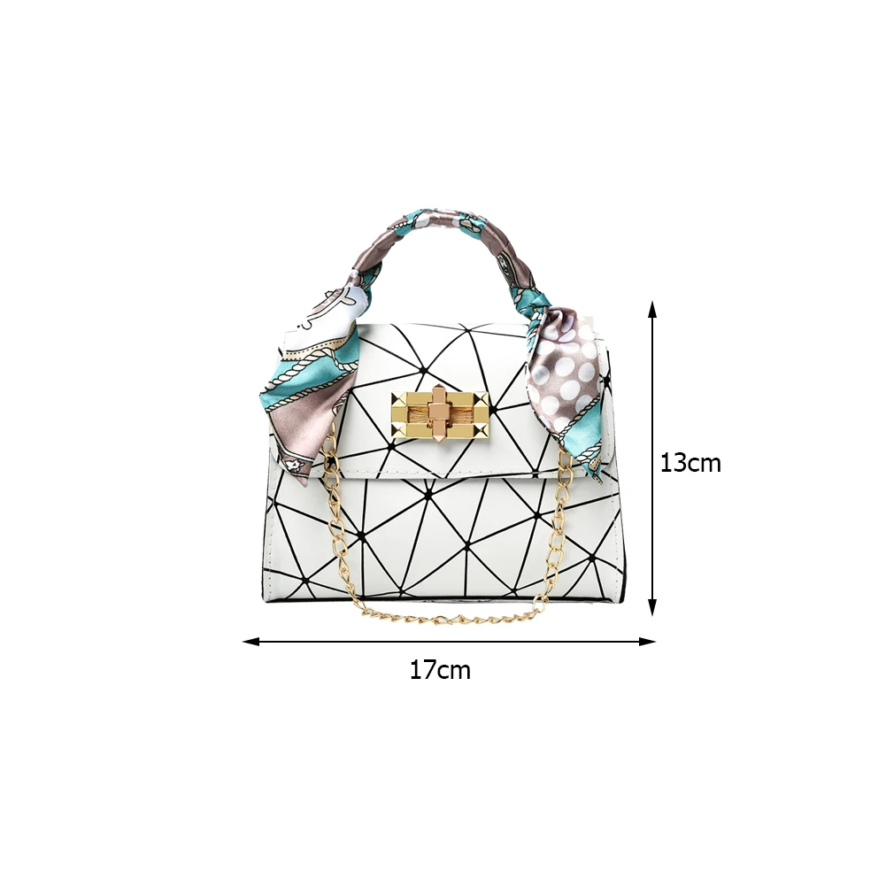 

Fashion Women Silk Scarf Shoulder Crossbody Bags PU Leather Geometric Printing Messenger Pouch Ladies Chain Small Top-handle Bag