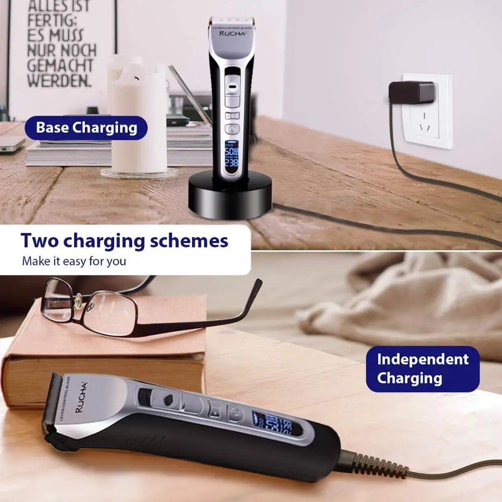 

RUCHA Hair Clipper Rechargeable Titanium Ceramic Blade Hair Trimmer LCD Display Salon Men Hair Cutting Barber Machine