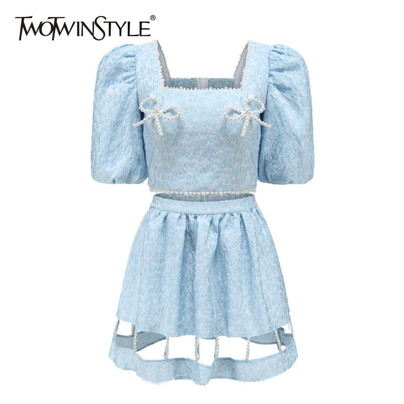 

TWOTWINSTYLE Sweet Two Piece Set For Women Square Collar Puff Short Sleeve Top High Waist Hollow Out Mini Skirt Blue Sets Female