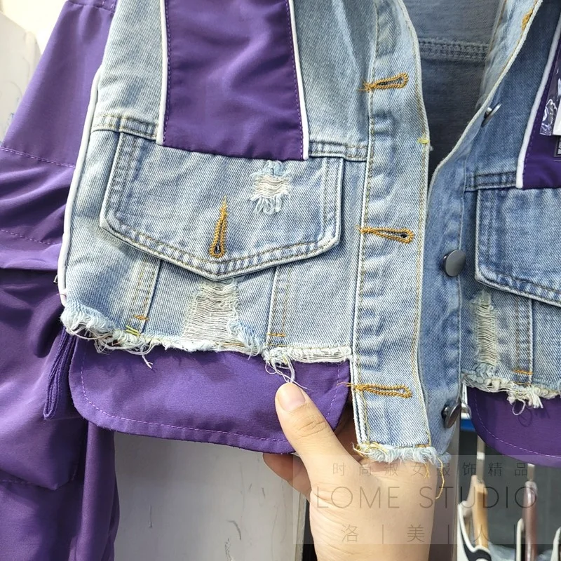 

women long sleeve patchwork denim short jacket 2021 new streetwear Harajuku boyfriend style purple patchwork blue jeans coats