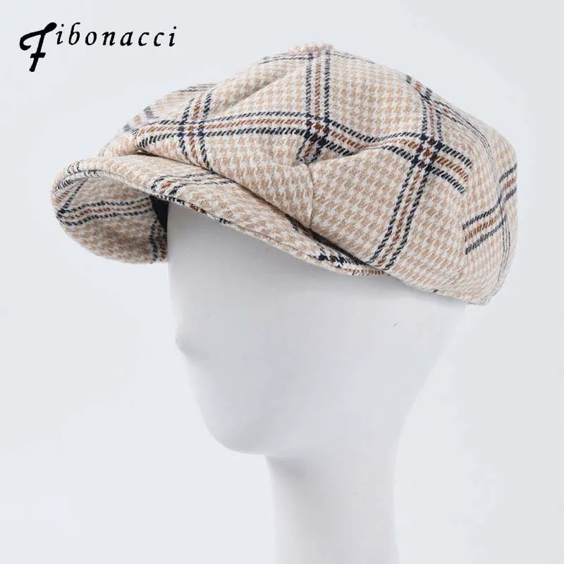 

Fibnacci Men Newsboy Cap Beret Wool Hat Tweed Gatsby Octagonal Plaid Women Vintage Brand Winter Spring Duckbill Hats