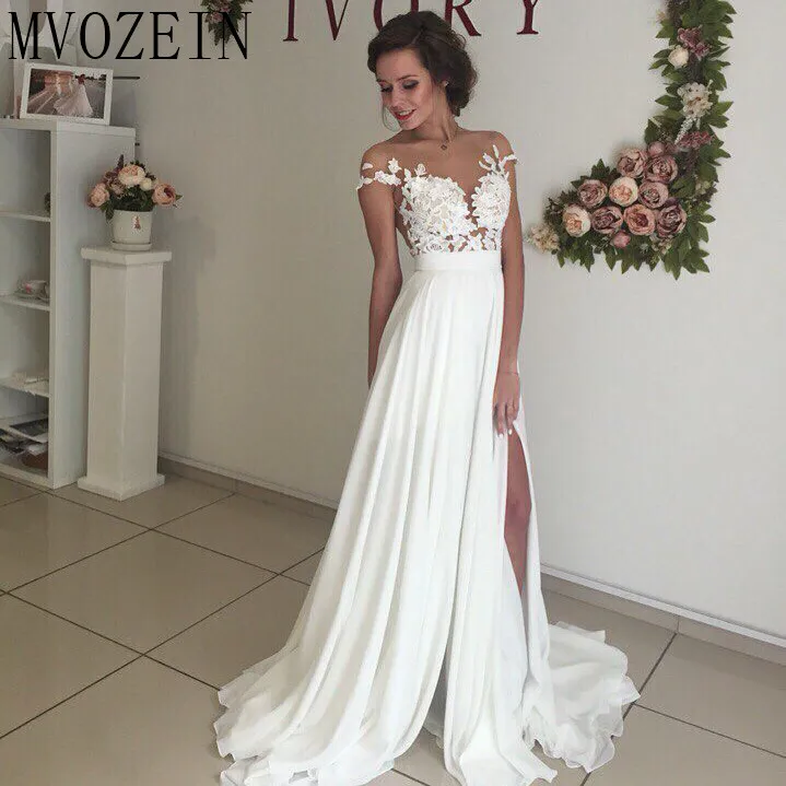 Boho White Wedding Dresses Chiffon A-Line Cap Sleeves Lace Bridal Gowns High Split Dress vestido de noiva | Свадьбы и торжества