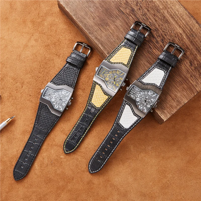 

Часы Oulm Мужские кварцевые с рисунком дракона, брендовые Роскошные повседневные наручные, с кожаным ремешком, с двумя часовыми поясами, Прям...