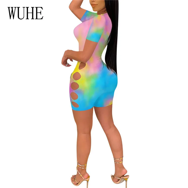 

WUHE Render Burnt Playsuits Print Hollow Out Hole O Neck Short Sleeve Package Hip Skinny Casual Nightclub Streetwear Overalls