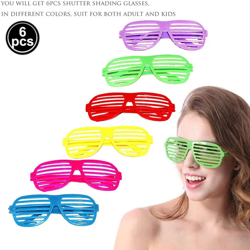 

6Pcs Neon Color Shutter Glasses 80's Party Slotted Sunglasses for Adults 90s Retro Rock Pop Star Disco Dress-Up Party Supplies