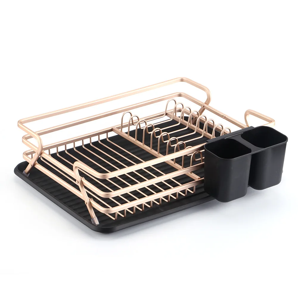 

Aluminum Alloy Stand Countertop Dish Drying Rack with Silverware Utensil Cutlery Holder Box Kitchen Dishware Drainers Organizer
