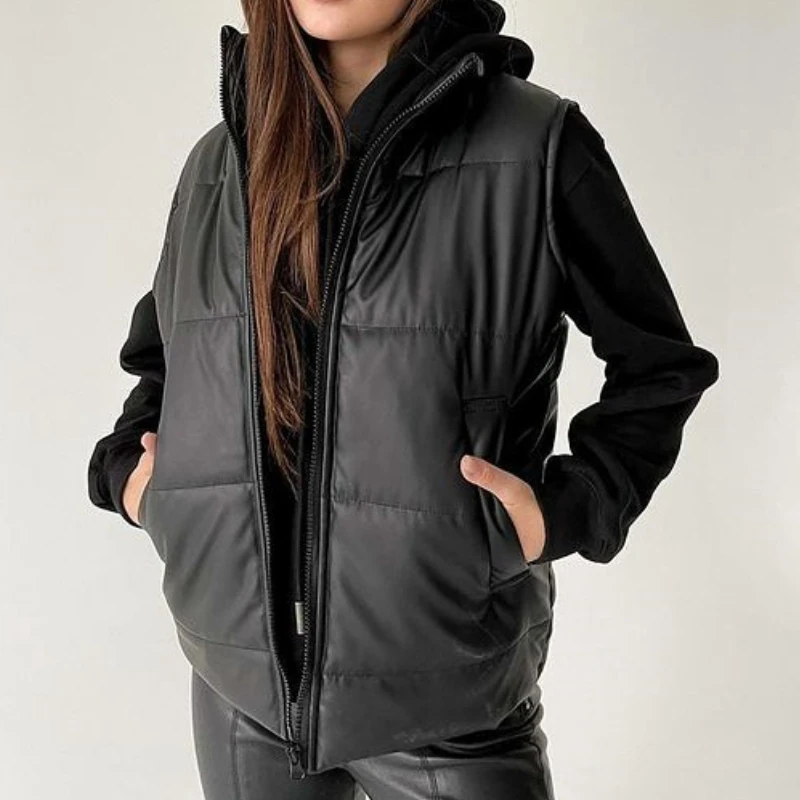 

Pre Sale Women's Winter Jacket New Fashion Street Solid Color Sleeveless Zipper Pocket Stand Collar Coat Vest for Women Cardigan