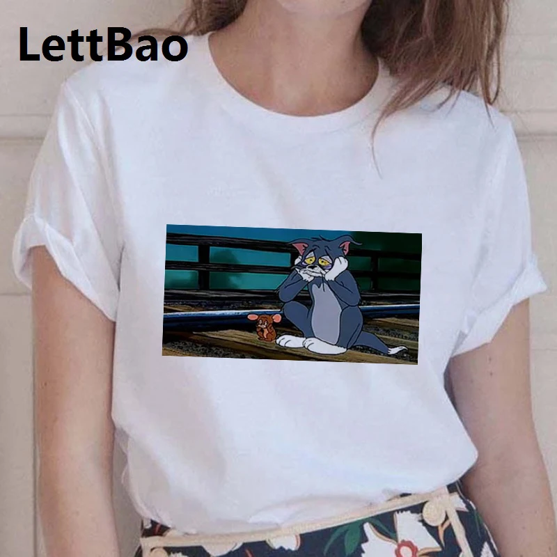 Грустный Кот Том и мышь Джерри печати рубашка 90s леди футболки мягкий короткий