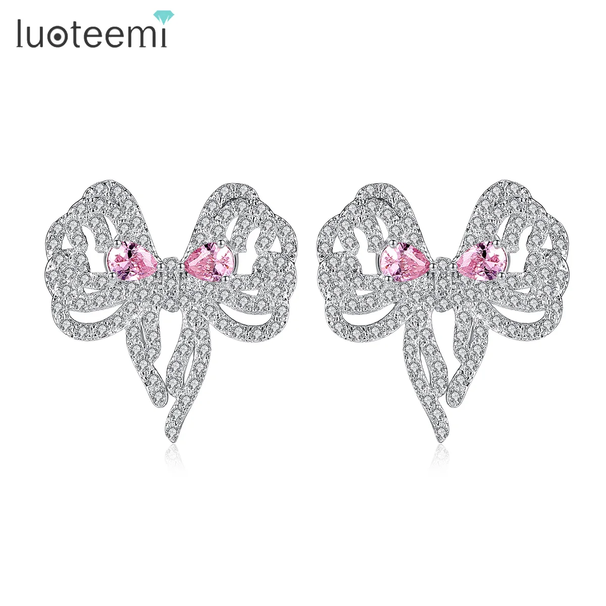 

LUOTEEMI Charming Big Pink Bow Knot Teardrop Cut Cubic Zirconia Cute Bowknot Design Stud Earrings Birthday Gift for Women Girls