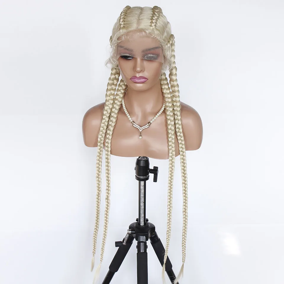 613 Blonde 4 Cornrow Braided Lace Front Synthetic Wig with Baby Hair Blonde 360 Long Straight Box Braid Lace Wig For Black Women