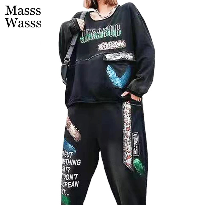 

Masss Wasss 2021 Black Hip Hop Casual Suits Women O-Neck Long Sleeeve T-shirt Vintage Pants Ladies Outfits Loose Two Pieces Sets