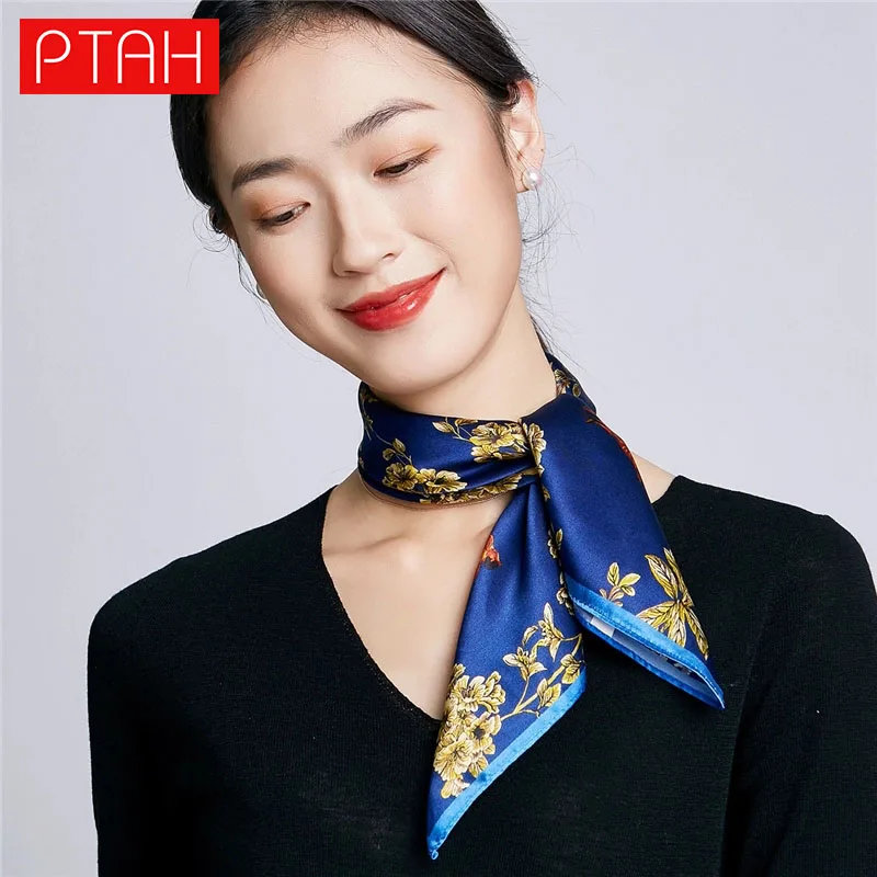 

[PTAH] 100% Mulberry Silk Scarf Women 53*53 Cm Lightweight Small Square Breathable New Digital Printed Scarf High Quality Female