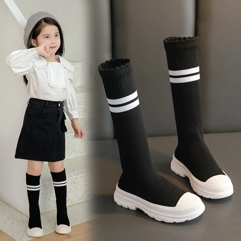 Сапоги до колена для девочек повседневные сапоги в полоску без застежки на