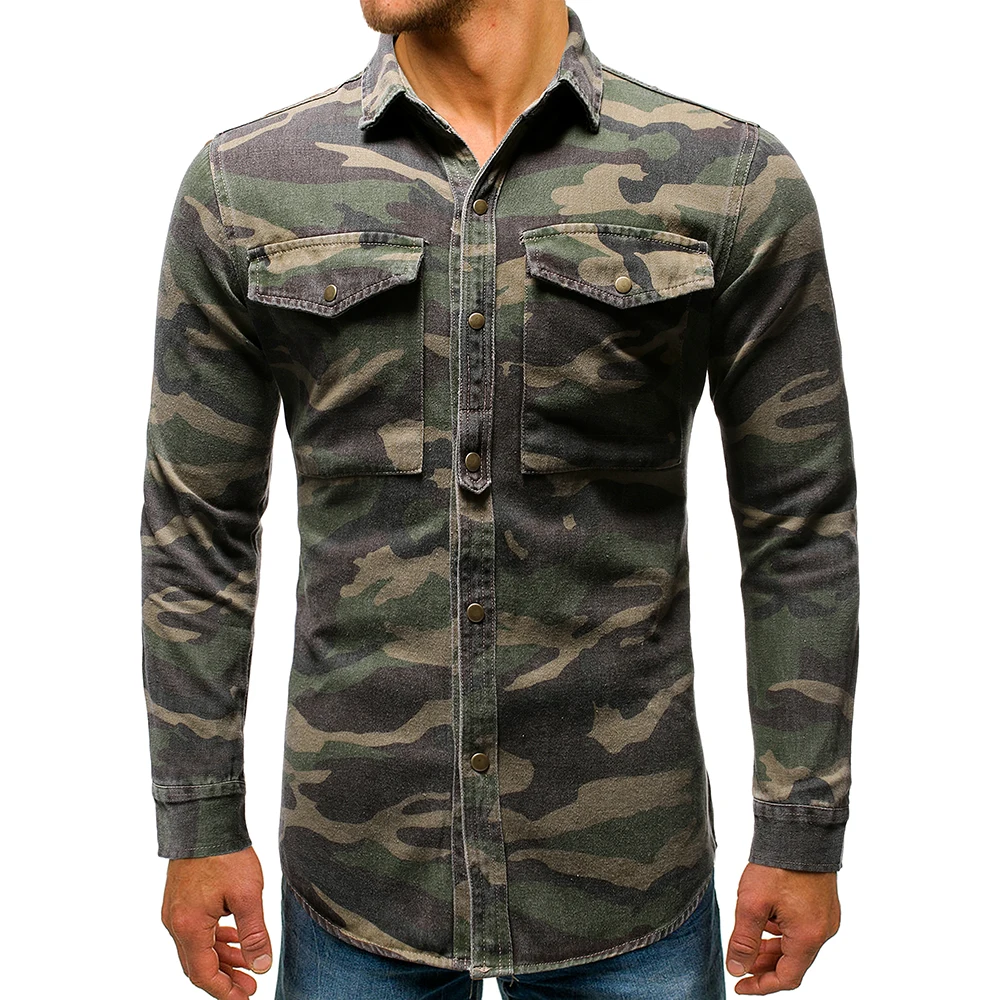 Fashion New men's camouflage denim shirt army green long-sleeved loose jean shirt men's casual outdoor top