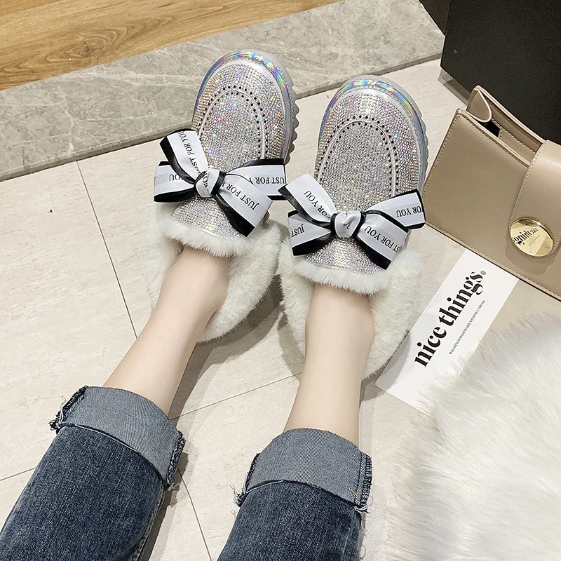 Модная обувь с украшением в виде кристаллов зимние ботинки круглый носок