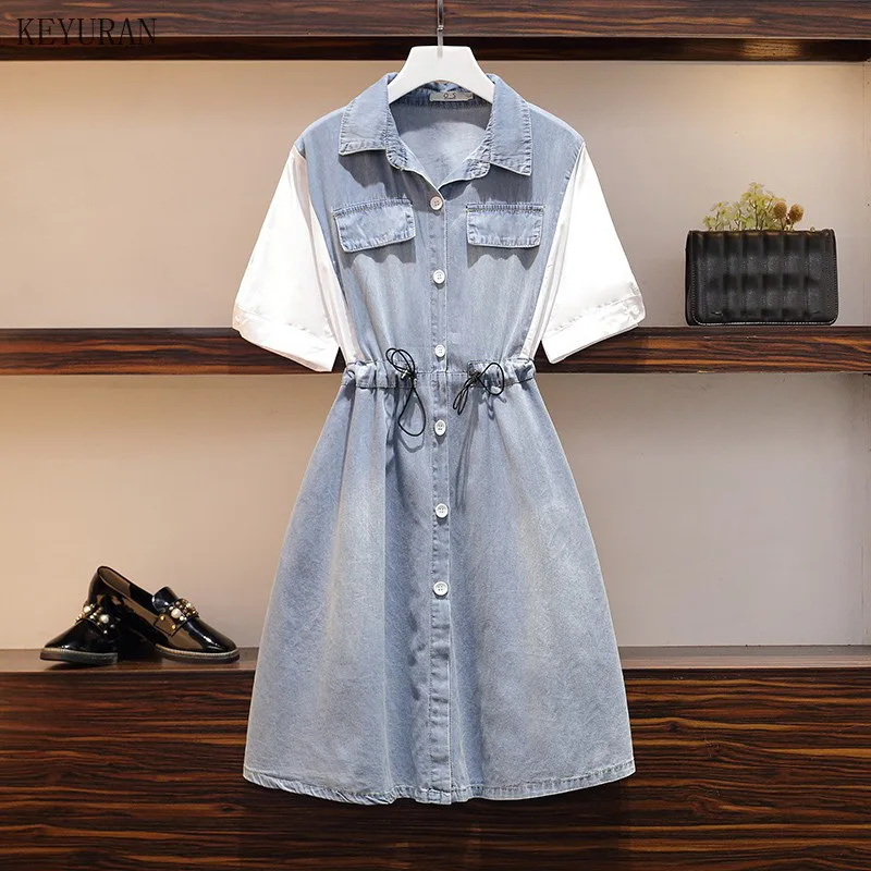 Женское джинсовое платье с коротким рукавом свободное составного кроя из денима