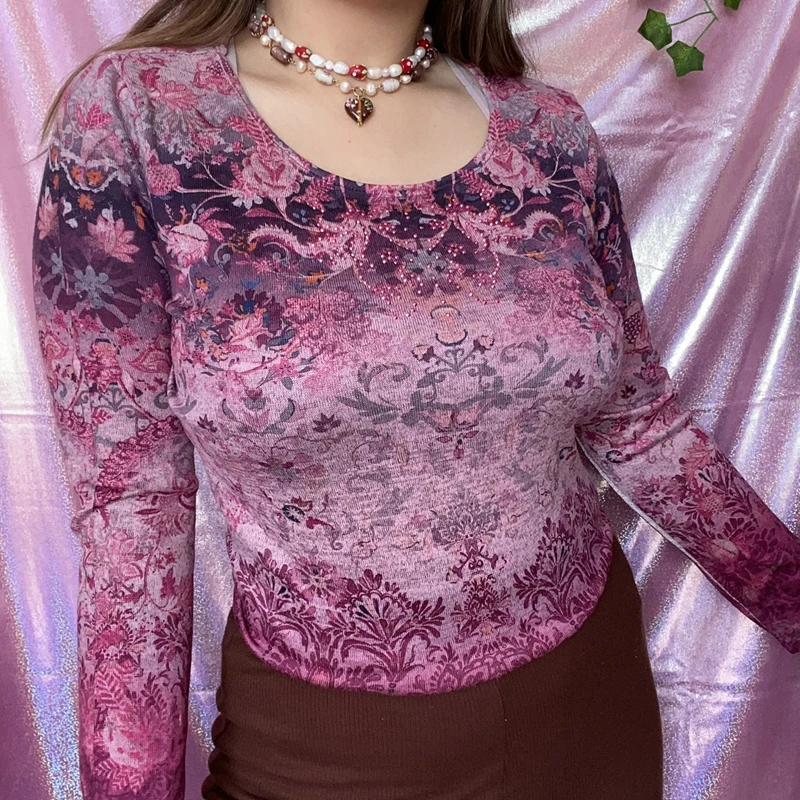 

90s Vintage Diamonds Graphic Print Crop Top Fairycore Grunge Pink T-shirt V Neck Slim Fit Women Autumn Tees Retro Streetwear