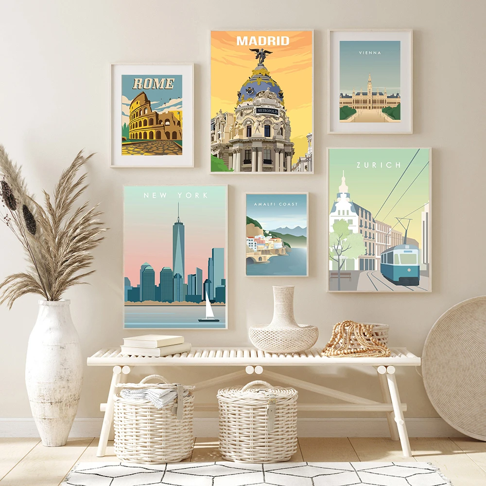 Винтажный постер в скандинавском стиле для путешествий города Нью-Йорка Рима