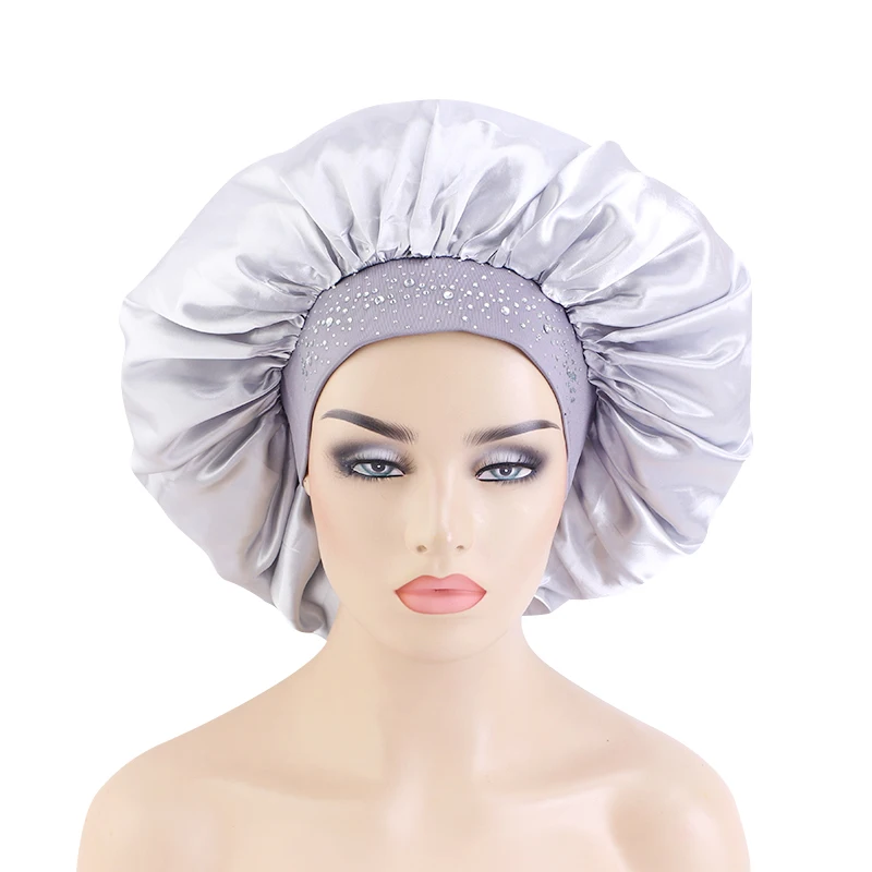 

Big Size Satin Bonnet Sleep Night Cap Head Cover Rhinestoned Wide Band Hats For Curly Springy Hair Women Head Wrap Nightcap