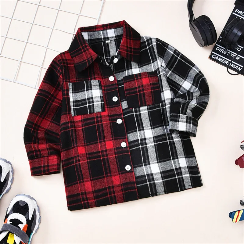 

Long Sleeve Plaid Shirt for Boy Pocket Korean Kids Clothes Patchwork Children's Shirts Button Blouses Clothing Infant Boy Shirt