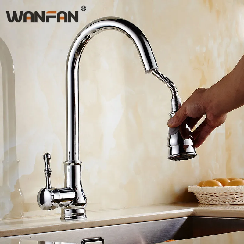 

Kitchen Faucets Silver Single Handle Pull Out Kitchen Tap Single Hole Handle Swivel 360 Degree Water Mixer Tap Mixer Tap WF-9101