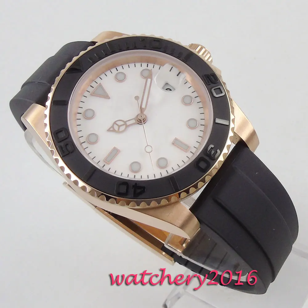 Часы наручные мужские с белым циферблатом 40 мм розовое золото сапфир | Наручные