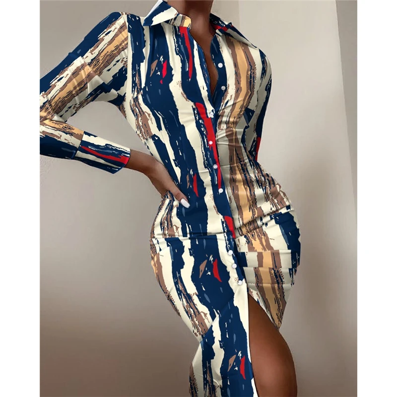 

Autumn Long-sleeved Print Dress Shirt Skirt Women Sexy V-neck Waist Turn-down Collar Bodycon Button Slim Lady Elegant Vestidos