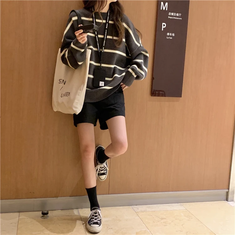 

2 colors 2021 autumn and winter korean chic style Thick striped Knitted sweaters womens pullovers womens (c9369)