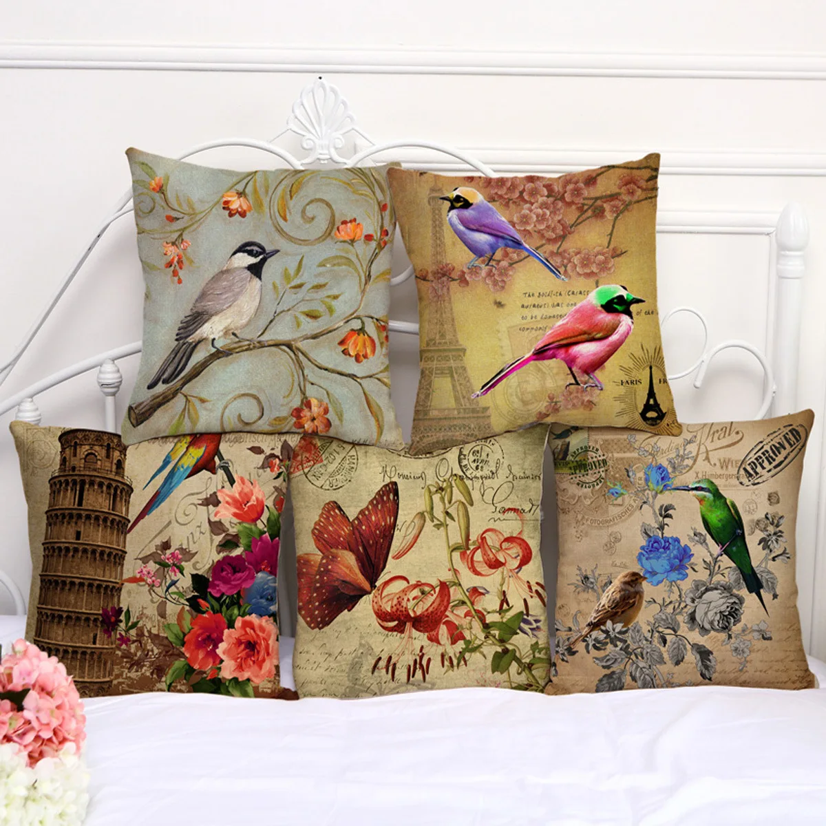 

Retro Architecture Bird Flower Butterfly Peach Skin Sofa Pillow Cushion Cover Decorative Pillow Cover Pillow Cover Wholesale