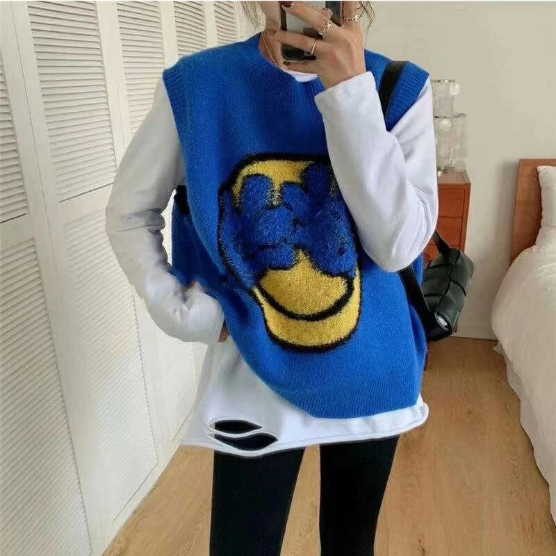 

2021NEW Smiling Print Spring Korean Style Clothes Loose and Versatile Round Neck Bright Color Sleeveless Vest Women New 2021