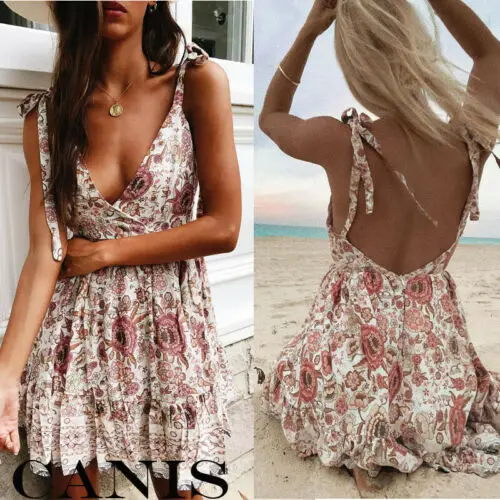Boho шифоновое мини платье женское Ретро Цветочный Принт без рукавов летние