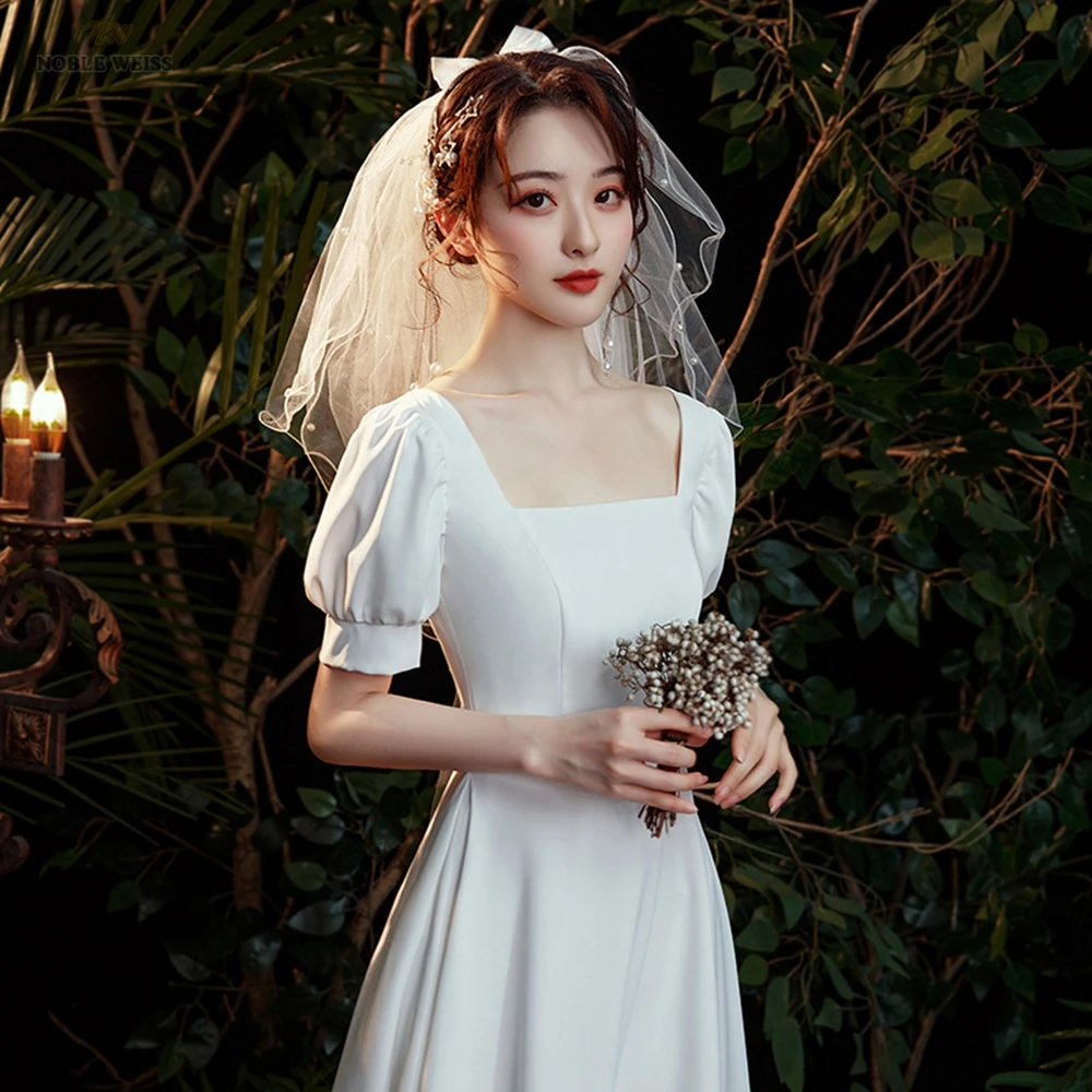 

Wedding Dresses Square Collar Tea-Length Wedding Dresses for Women A-Line Satin Bridal Dresses