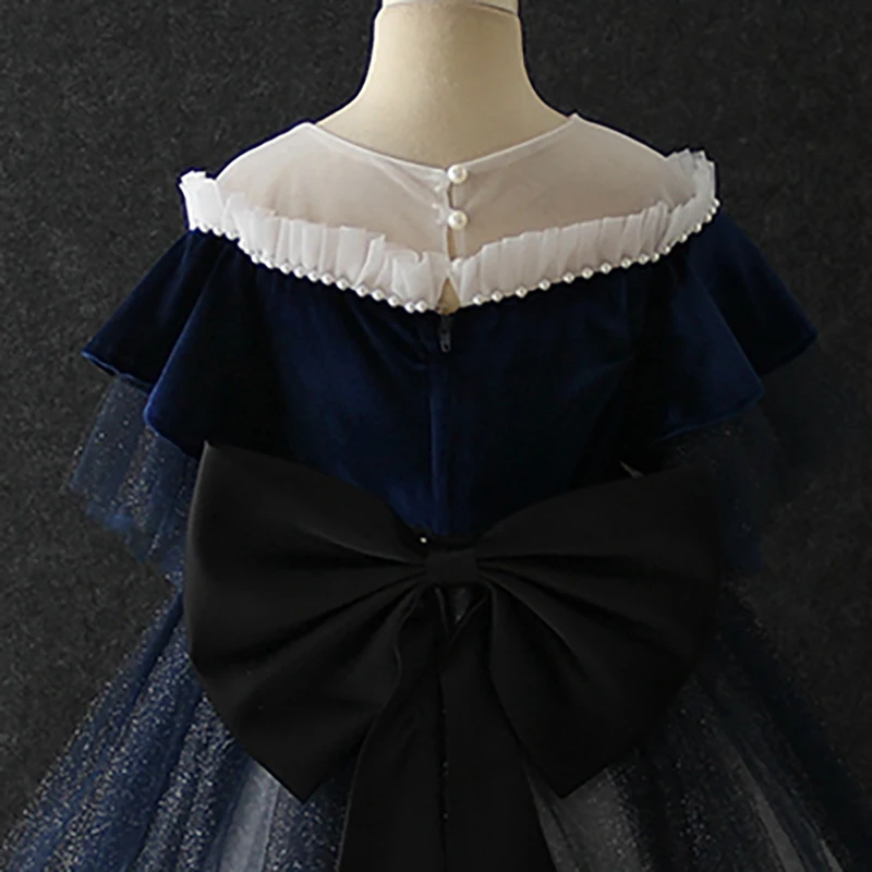 

Flower Girls Dresses Illusion Luxury Blue Sequined Embroidery O-Neck Tulle Short Ball Gown Lace Kids Party Princess Skirt D377