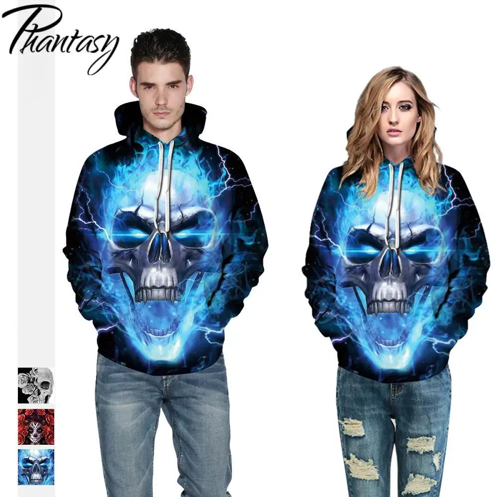 

Phantasy 2021 Winter Adults Hoodies Steel Skull Printing Hooded Sweatshirts Halloween Cosplay Party Pulloves Couples Casual Tops