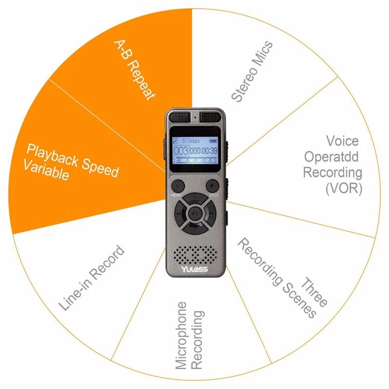 

Yulass 8GB Professional Audio Recorder Business Portable Digital Voice Recorder USB Support Multi-language,Tf Card to 64GB