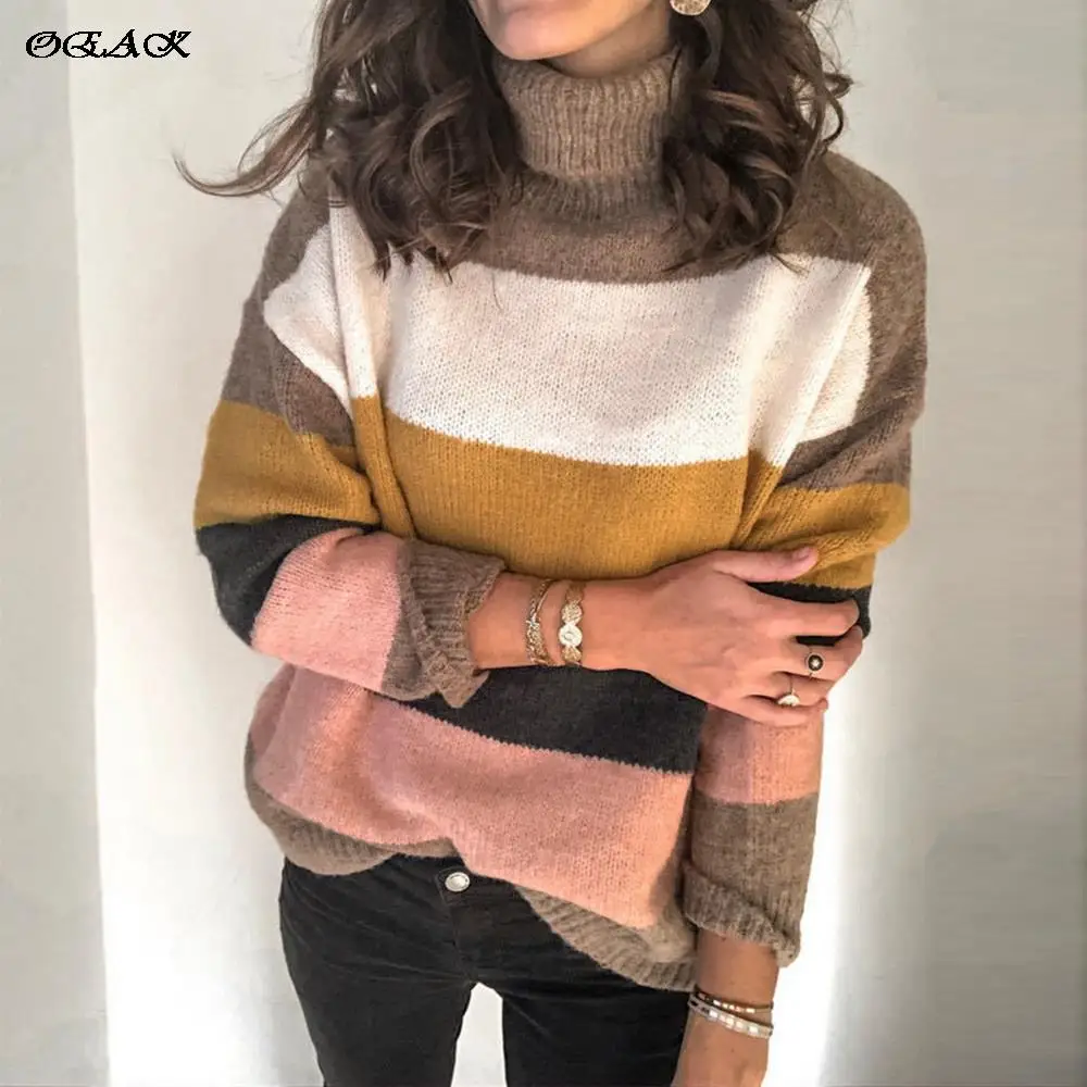 

Повседневный пуловер с высоким воротником и длинным рукавом, Женский вязаный свитер в полоску в стиле пэчворк, Осень-зима 2021, свободные свит...