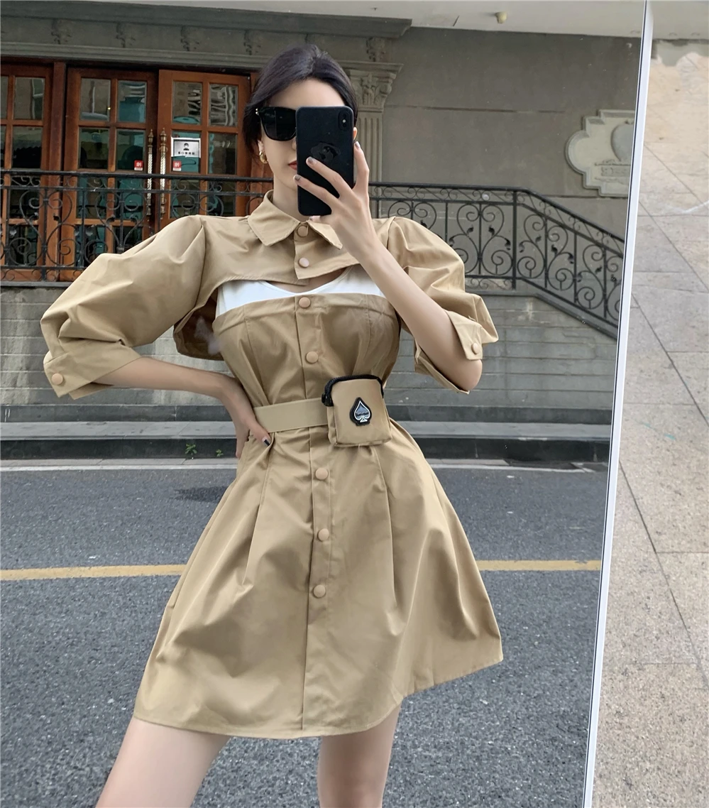 

Contrast color strap dress women's summer design sense waist closing temperament short skirt French minority thin apricot skirt