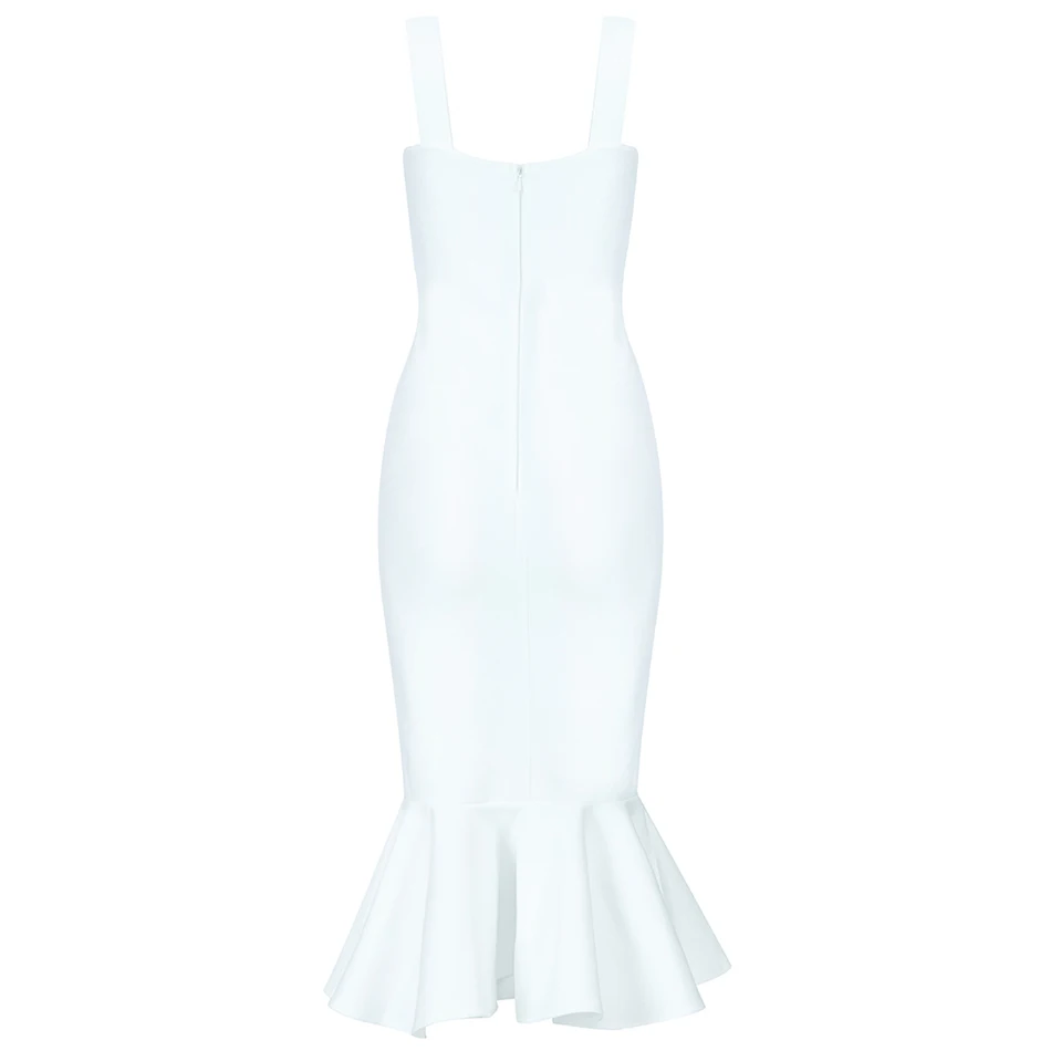 

2021 Summer New Women'S Sexy Elegant White Spaghetti Strap V-Neck Mermaid Midi Bandage Dress Bodycon Club Party Dress Vestidos
