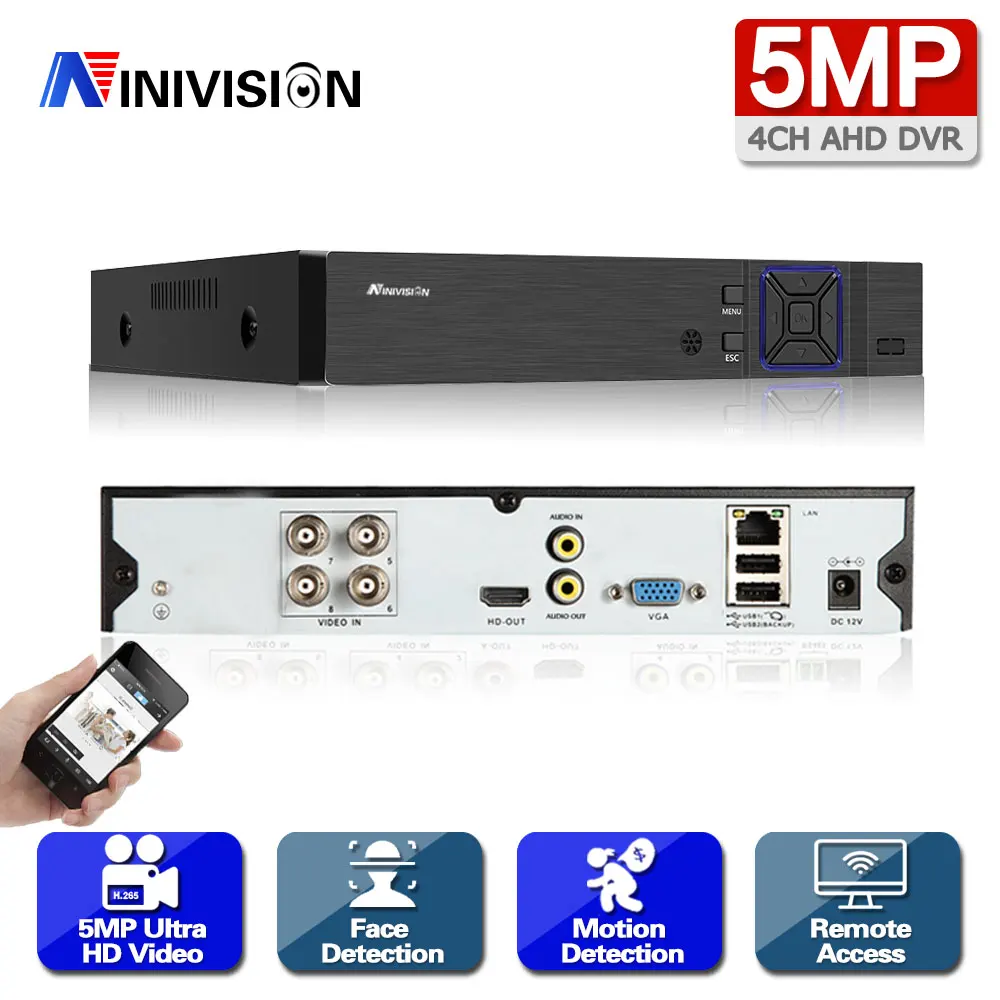 

NINIVISION 5MP AHD DVR 4CH 5 In 1 HYBRID Security Recorder For 5MP/4MP 1080P AHD TVI CVI Analog Camera Motion Detection