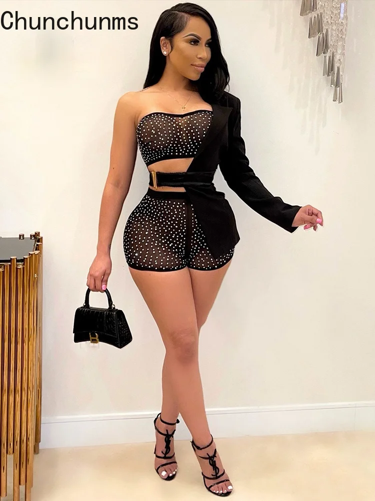 

Women Shorts Suit Asymmetric Blazer+Diamond Vest +Shorts 3 Piece Sets Workwear Summer Autumn 2021 Sexy Night Club Party Outfits