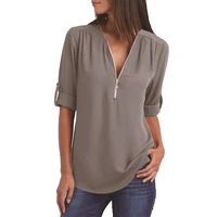 blouse woman female autumn fashion shirt casual office lady sexy solid color zipper v neck half sleeve loose shirt %d0%b1%d0%bb%d1%83%d0%b7%d0%ba%d0%b8 2021