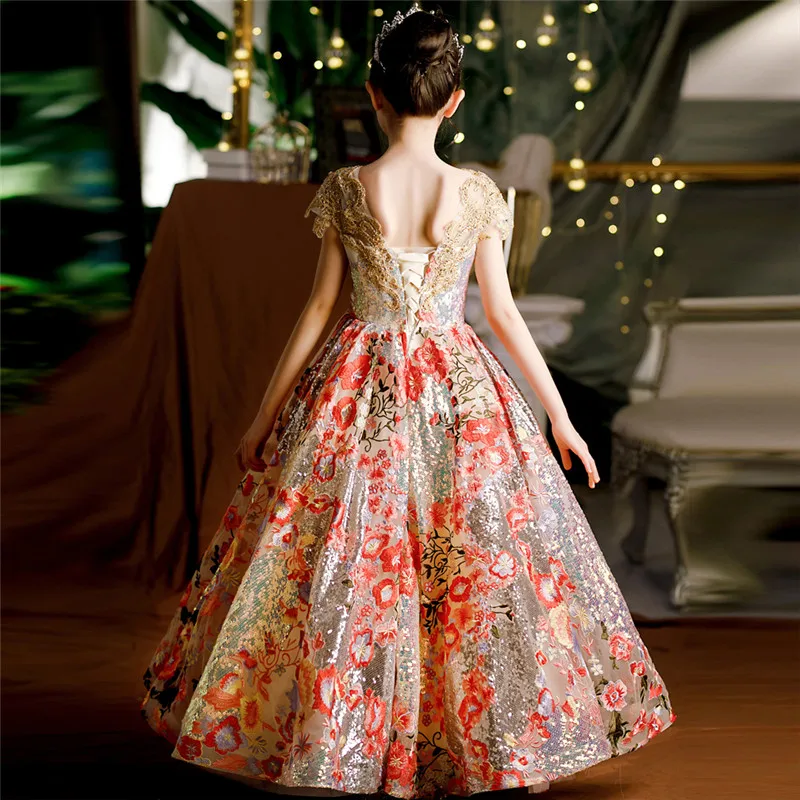 

2021Summer Exquisite Design Florals Children Girls Birthday Party Wedding Ceremony Princess Dress Model Show Catwalk Piano Dress