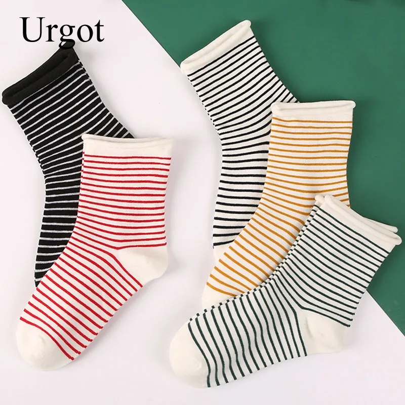 

Urgot 5 Pairs 2021 Autumn And Winter New Women's Tube Socks Colored Pinstripe Curled Cotton Loose Mouth Socks Women Girl Meias