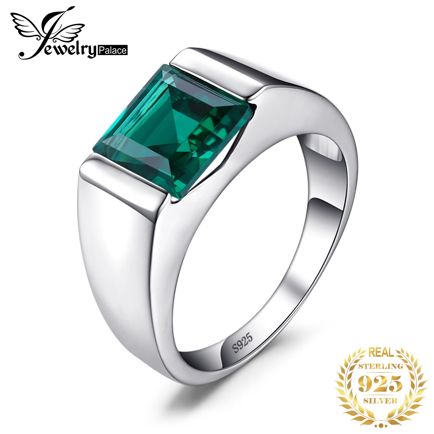 JewelryPalace Men's Charms 2.2ct Created Emerald Engagement Rings 100% Real 925 Sterling Sliver Square Cut Gemstone Fine Jewelry |