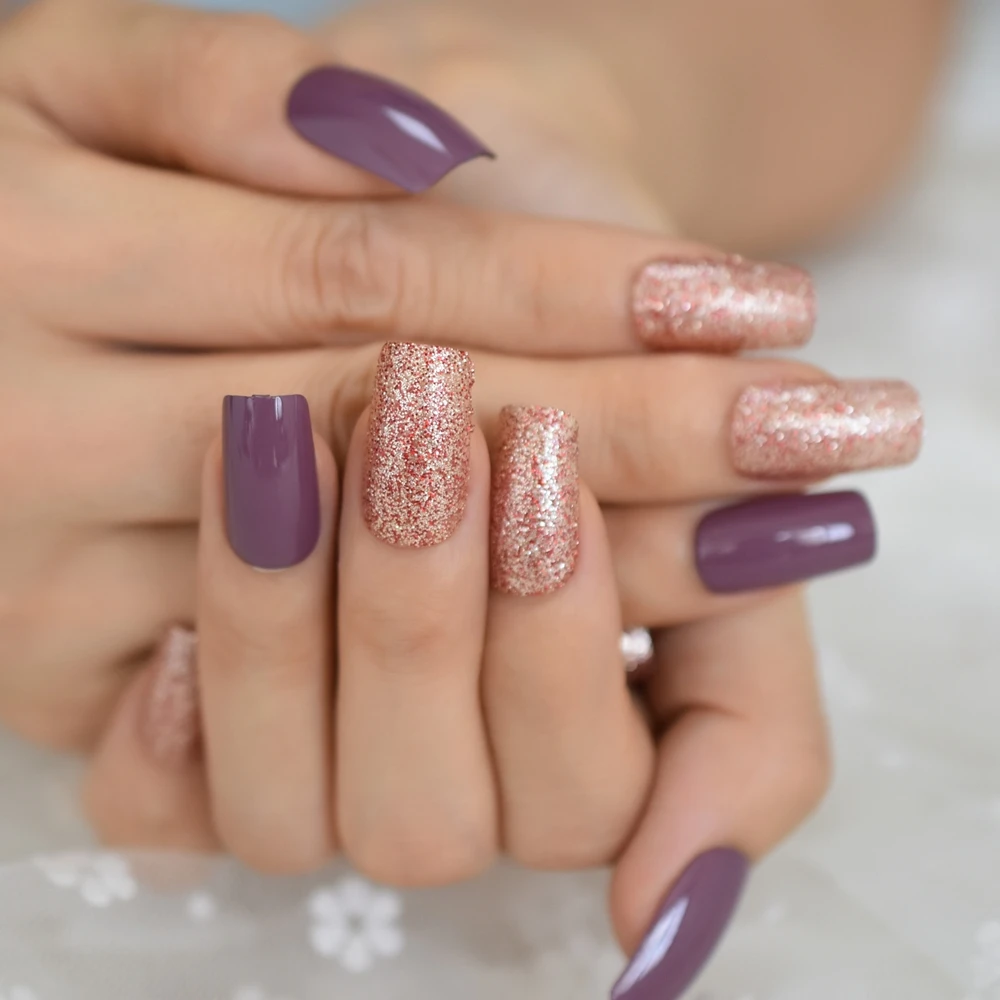 Накладные ногти Taro Purple Square Mix красное шампанское блестящие среднего размера