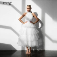verngo simple short whiteblush pinkblue tulle prom dresses high neck tiered short bride party gowns tea length formal dress
